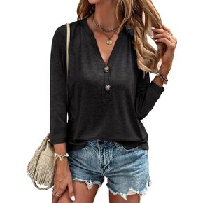EADINVE Womens 3/4 Sleeve V Neck T Shirt Buttons Tops Casual Tee Solid Color Blouse Loose Fit shirts Fall Tunic