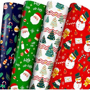 EverMerry Christmas Wrapping Paper Set, Gift Wrapping Paper 6 Pack Jumbo Sheets, 4 Vintage Patterns with Christmas Tree, Santa, Reindeer, Snowman and Candy Canes, 29 x 42 inches, Christmas Gifts
