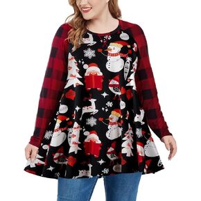 MONNURO Womens Plus Size Long Sleeve Shirts Color Block Stripe Loose Swing Tunic Tops For Leggings