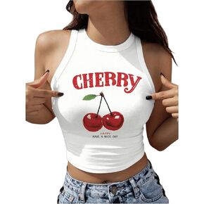 Women's Y2K Cherry Pattern Round Neck Vest Summer Sleeveless Casual Crop Top Tank Top