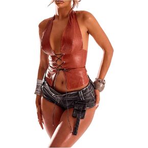 Women's PU Leather Halter Tank Top Lace Up Front Crop Top Sleeveless Y2K Backless Top