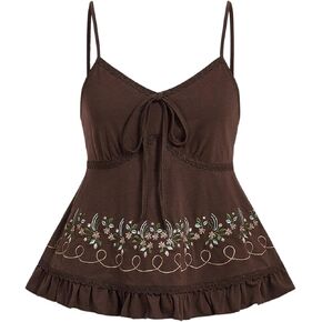 SOLY HUX Women's Floral Embroidery Cami Tops Tie Front Ruffle Hem Summer Camisole