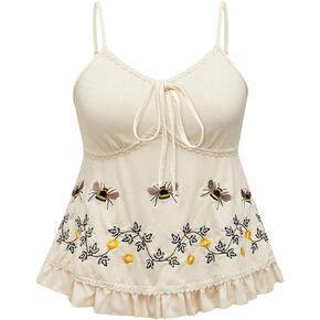 SOLY HUX Women's Floral Embroidery Cami Tops Tie Front Ruffle Hem Summer Camisole