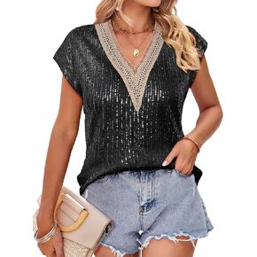 Genhoo Short Sleeve Sequin Tops for Women Lace Trim V Neck Sparkly Tank Tops Dressy Glitter Top Blouses for Evening Party