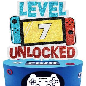Level 7th Unlocked Cake Topper - Electronic Games Theme Boys Birthday Party Decorations Supplies - 7th Happy Birthday