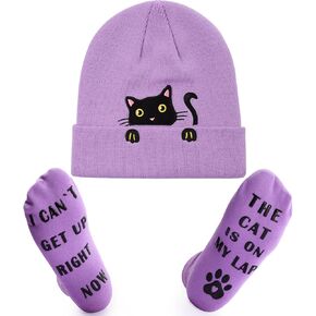 Black Cat Beanie Hat Socks Set for Women Girls Cat Lover Gifts Winter Embroidered Knit Beanies Cuffed Skull Ski Cap