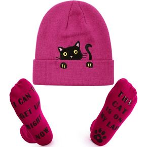 أسود القط قبعة صغيرة الجوارب مجموعة للنساء الفتيات القط عاشق الهدايا الشتاء المطرزة متماسكة بيني مكبل الجمجمة قبعة تزلج in Kuwait
