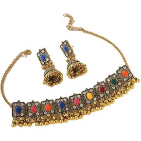 Chargances Indian Jhumka Jhumki Necklace Bollywood Wedding Traditional Bell Beaded Choker Necklace for Women Bridal Halloween (Colorful)