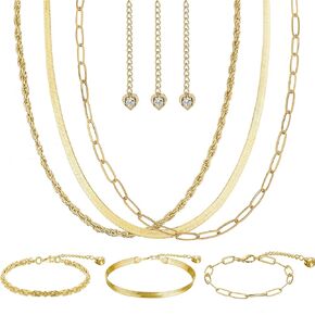 14K Gold Layered Link Chain Necklace Bracelet set for Women Gold Chain Choker Necklaces Link Chain Stackable Bracelets for Women Gifts Jewelry