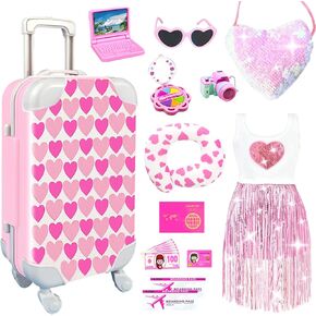 20Pcs 18 Inch Girl Doll Accessories Case Luggage Travel Play Set with Doll Clothes Cute Bag Travel Pillow Glasses Computer Pretend Makeup Toy Doll Stuff Fit 18 inch Doll Christmas Birthday Gift