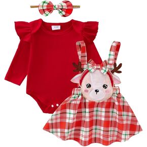 Newborn Baby Girl Clothes Fall Winter Outfits Christmas Long Sleeve Romper Deer Print Suspender Skirt Headband 3Pcs