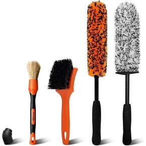 Car Wheel Brush Kit, 4PCS Microfiber Wheel Cleaner Brush, Soft & Scratch-Free Detailing Brush and Tire Brush, Professional Wheel Cleaning Kit for Car Rim Fenders Engine Exhaust Tips, Orange