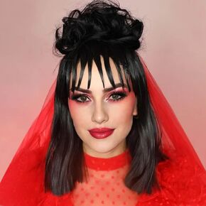 PHOCAS Black Cosplay Wig 13'',Black Bob Wig With Bun,Synthetic Bob Wig With Bangs for Women Costume,Party,Halloween Use