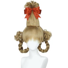 Pale Blonde Wire Braided Wigs for Women Christmas Costume Wig+Red Bow