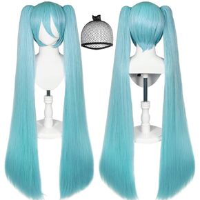 47inch/120cm Blue Ponytail Wig Cosplay with Bang Long Straight Cute Wig for women peluca azul Lolita Adult Wig with Pigtail Kawaii Synthetic Wig for Anime Halloween Costume Party + Wig Cap
