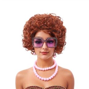 Mrs. Roper Wig with Necklace and Earrings and Glasses Short Curly Women Cosplay Wigs for Mrs. Roper Pub Crawl Party Halloween Daily Wear Wigs (light brown)
