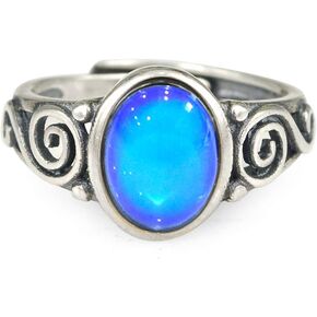 925 Sterling Silver Multi Color Change Oval Stone Mood Ring With Intricate Design Size Adjustable Gift for Women