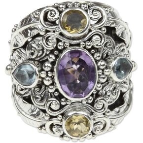 NOVICA Artisan Handmade Amethyst Blue Topaz Cocktail Ring Balinese Silver Sterling Citrine Multigem Multicolor Stone Indonesia Animal Themed 'Butterfly Queen'