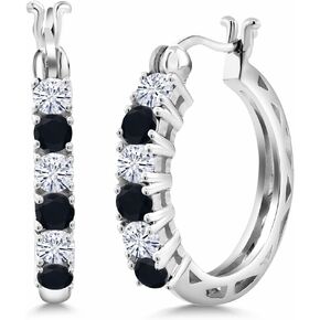 Gem Stone King 925 Sterling Silver Black Onyx and White Moissanite Round Hoop Earrings For Women (1.20 Cttw, Gemstone Birthstone, 22MM = 0.85 Inches Diameter)
