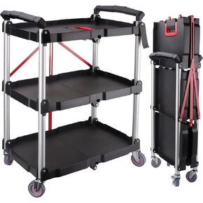 EBANKU Folding Collapsible Service Cart, Heavy Duty 3-Shelf Rolling Tool Cart, Supports Up to 150 lbs for Warehouse Storage, Garage, Cleaning