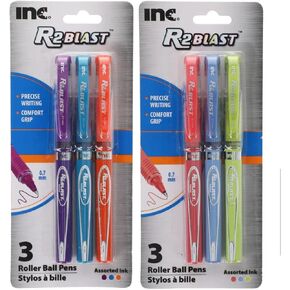 SCBS R2 BLAST Precise Writing Colorful Roller Ball Pens Set: 6 Colorful Roller Comfort Grip Ball Pens assorted between a Pack of Purple, Blue,Orange and a Pack of Blue, Pink, and Lime 0.7mm