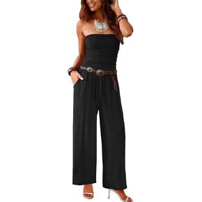 Women’s Tube Top Jumpsuits Strapless Belted Wide Leg Bustier Jumpsuit Backless Baggy Long Pants Rompers with Pockets