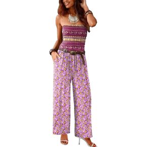 Women’s Tube Top Jumpsuits Strapless Belted Wide Leg Bustier Jumpsuit Backless Baggy Long Pants Rompers with Pockets