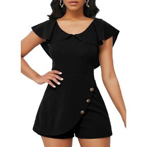 SheKiss Casual Summer Elegant Rompers for Womens Plain Color Short Sleeve Patchwork Button Short Jumpsuits