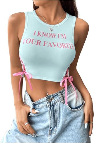 SHENHE Women's Letter Print Lace Up Round Neck Slim Fit Crop Going Out Tank Tops in Saudi Arabia