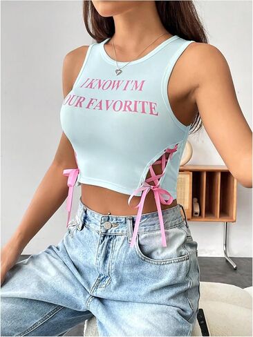 SHENHE Women's Letter Print Lace Up Round Neck Slim Fit Crop Going Out Tank Tops in Saudi Arabia