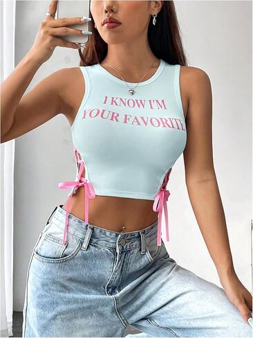 SHENHE Women's Letter Print Lace Up Round Neck Slim Fit Crop Going Out Tank Tops in Saudi Arabia
