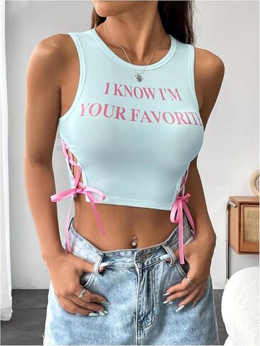 SHENHE Women's Letter Print Lace Up Round Neck Slim Fit Crop Going Out Tank Tops in Saudi Arabia