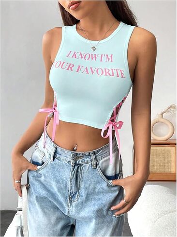 SHENHE Women's Letter Print Lace Up Round Neck Slim Fit Crop Going Out Tank Tops in Saudi Arabia