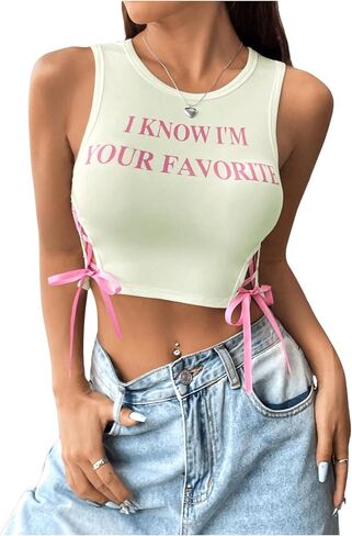 SHENHE Women's Letter Print Lace Up Round Neck Slim Fit Crop Going Out Tank Tops in Saudi Arabia