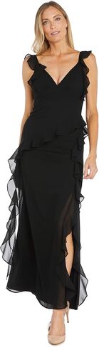 R&M Richards Long Plunge V-Neck Ruffled Evening Gown in Saudi Arabia
