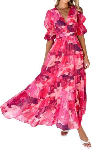 Women's Chic Short Puff Sleeve Floral Printed Tiered Flowy Maxi Dress in Saudi Arabia