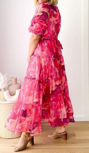 Women's Chic Short Puff Sleeve Floral Printed Tiered Flowy Maxi Dress in Saudi Arabia