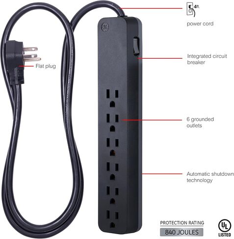 GE UltraPro 6-Outlet Surge Protector, 6 Ft Designer Braided Extension Cord, 560 Joules, Flat Plug, Wall Mount, UL Listed, Black, 45271 in Kuwait