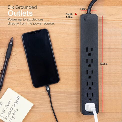 GE UltraPro 6-Outlet Surge Protector, 6 Ft Designer Braided Extension Cord, 560 Joules, Flat Plug, Wall Mount, UL Listed, Black, 45271 in Kuwait