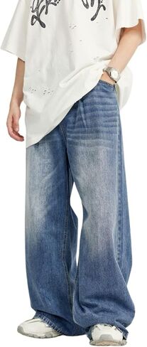 Men's Baggy Jeans Y2k Straight Leg Mid Waisted Solid Streetwear Loose Fit Vintage Hip Hop Denim Pants in Kuwait