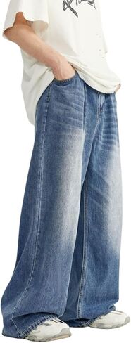 Men's Baggy Jeans Y2k Straight Leg Mid Waisted Solid Streetwear Loose Fit Vintage Hip Hop Denim Pants in Kuwait