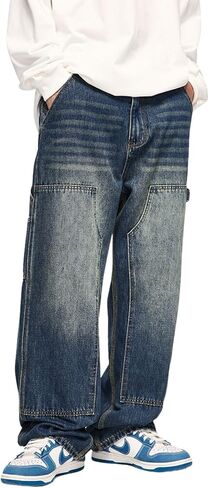 Men's Baggy Jeans Y2k Straight Leg Mid Waisted Solid Streetwear Loose Fit Vintage Hip Hop Denim Pants in Kuwait