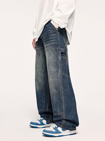 Men's Baggy Jeans Y2k Straight Leg Mid Waisted Solid Streetwear Loose Fit Vintage Hip Hop Denim Pants in Kuwait