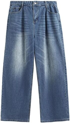 Men's Baggy Jeans Y2k Straight Leg Mid Waisted Solid Streetwear Loose Fit Vintage Hip Hop Denim Pants in Kuwait