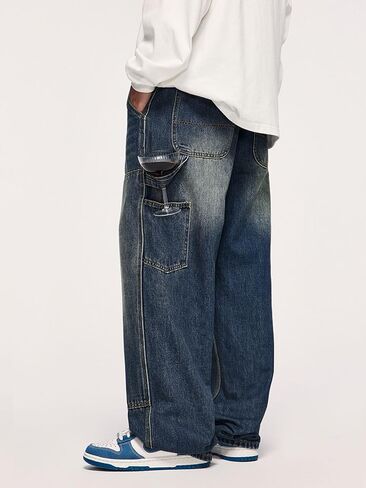 Men's Baggy Jeans Y2k Straight Leg Mid Waisted Solid Streetwear Loose Fit Vintage Hip Hop Denim Pants in Kuwait