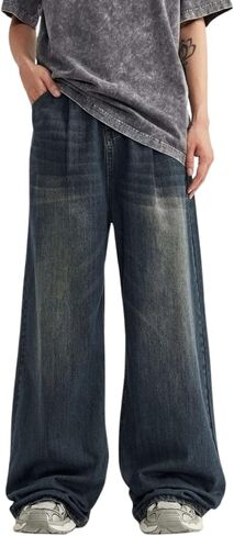 Men's Baggy Jeans Y2k Straight Leg Mid Waisted Solid Streetwear Loose Fit Vintage Hip Hop Denim Pants in Kuwait