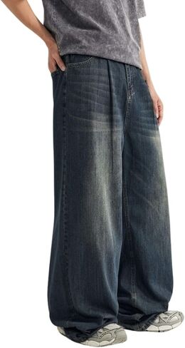 Men's Baggy Jeans Y2k Straight Leg Mid Waisted Solid Streetwear Loose Fit Vintage Hip Hop Denim Pants in Kuwait