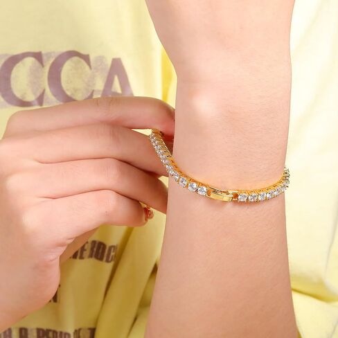 Tennis Bracelet for Women|4MM Simulate Diamond Bracelets|4-Prong-Setting CZ|18k White/Yellow Gold Plated Bracelet with Buckle Clasp|Size 6-8.5 Inches in Kuwait