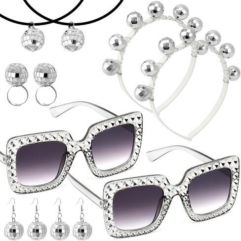 QWORK 2 Set of 1970s Disco Costume Accessories Set for Women - 5 Pcs Includes Disco Ball Earrings, Headband, Ring, Sunglasses- Disco Ball Headpieces Party Costume for Parties, Music Festivals in Saudi Arabia