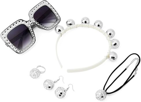 QWORK 2 Set of 1970s Disco Costume Accessories Set for Women - 5 Pcs Includes Disco Ball Earrings, Headband, Ring, Sunglasses- Disco Ball Headpieces Party Costume for Parties, Music Festivals in Saudi Arabia